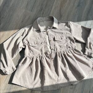 Button-Front Corduroy Peplum Shirt Jacket in Light Taupe